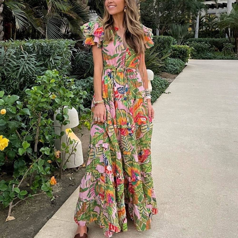 FARM Rio Pink and Orange Sleeveless V-Neck Sundress